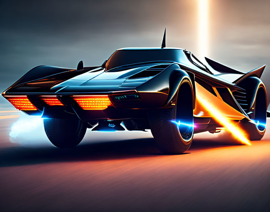 Futuristic black sports car with neon blue and orange lighting at dusk