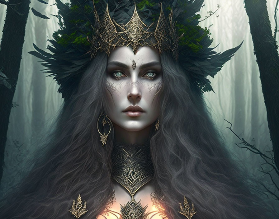 Majestic female figure with crown in mystical forest scene