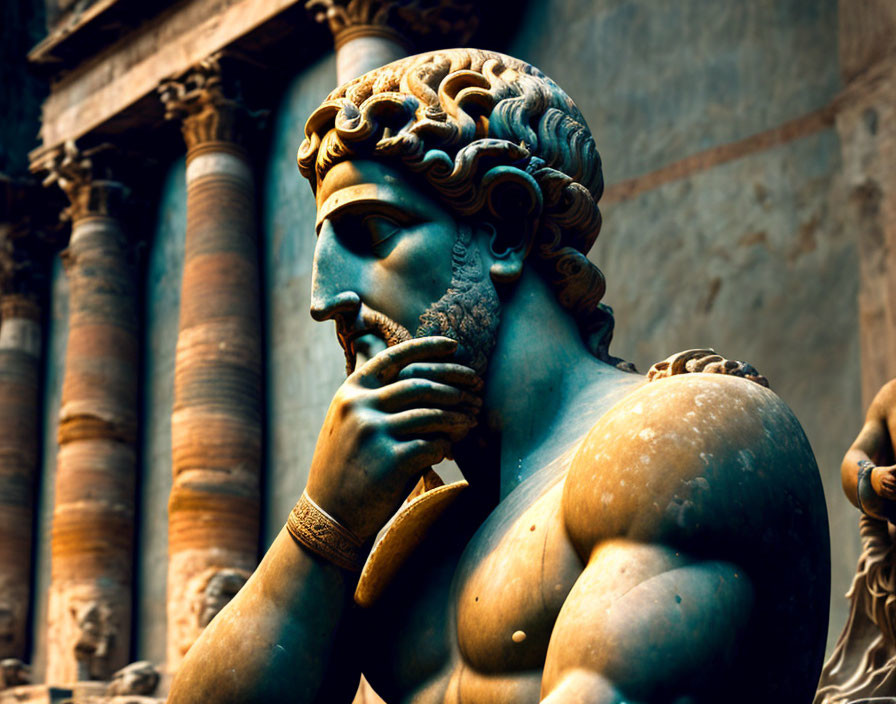 Bronze statue of bearded male with curly hair and arm bands against classical pillars