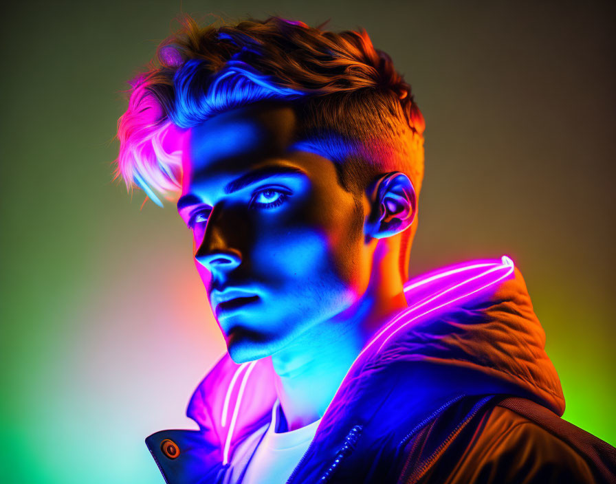 Serious young man with stylized hair under neon lights