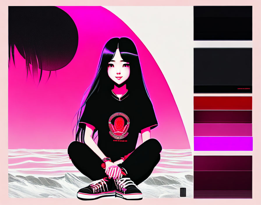 Stylized illustration of girl with long black hair against pink background