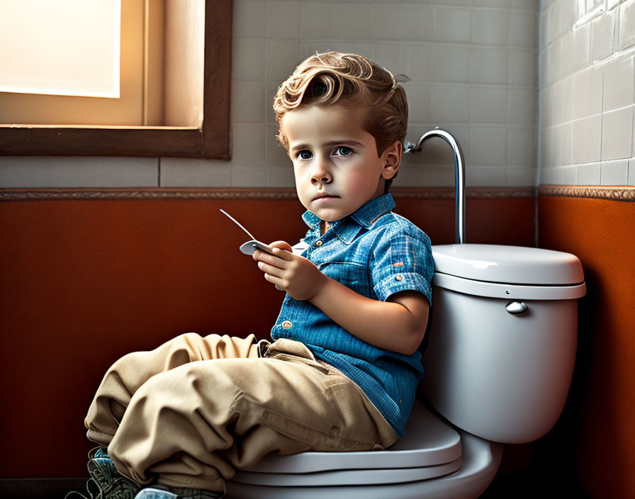 Child sitting on toilet with mobile device in sunlight