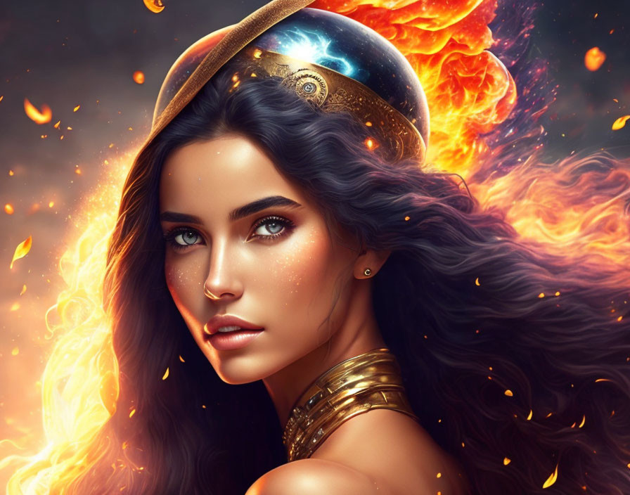 Dark-haired woman with golden accessories in fiery cosmic scene