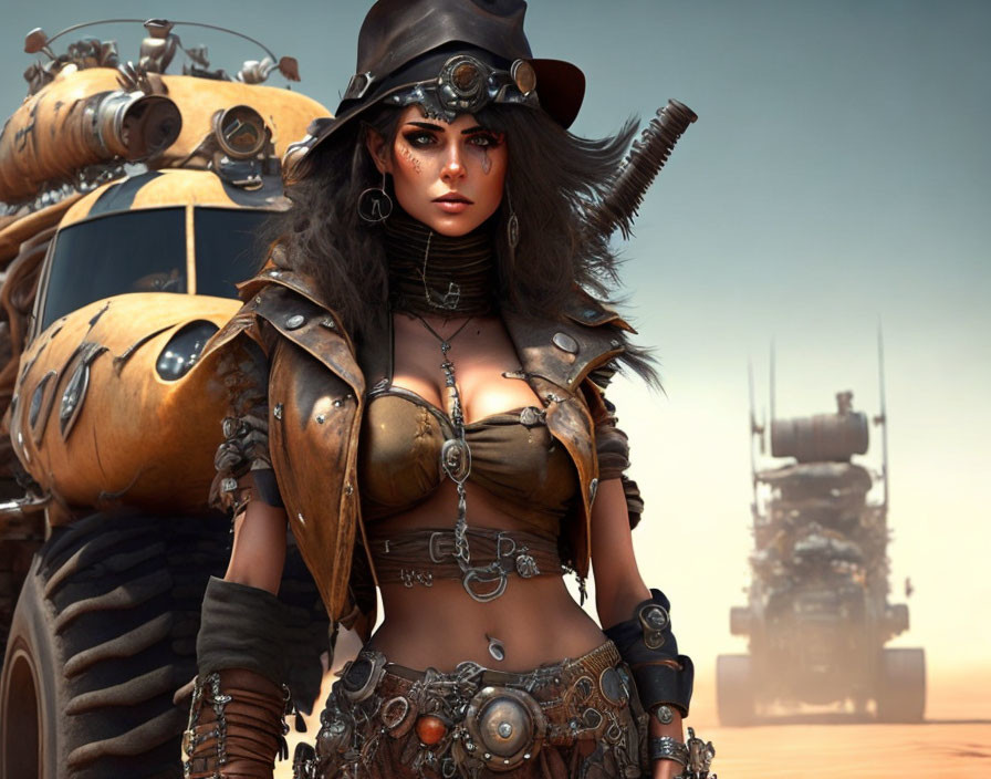 Steampunk-themed female character with wide-brimmed hat and goggles