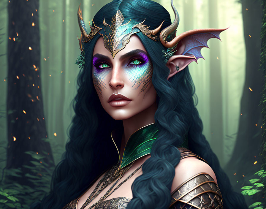 Fantasy elf woman with dragon-like horns in enchanted forest