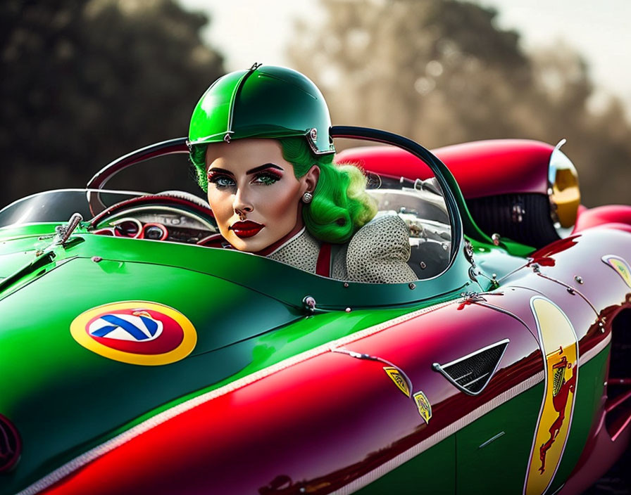 Woman with Green Hair in Racing Helmet Poses in Vintage Car