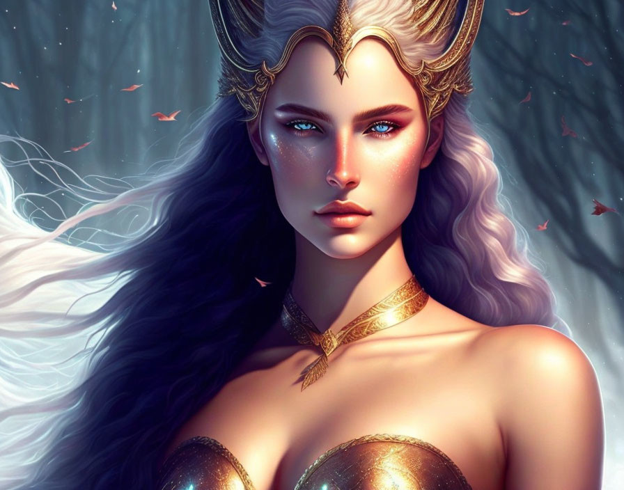 Fantasy illustration of woman in golden armor with blue eyes and butterflies.