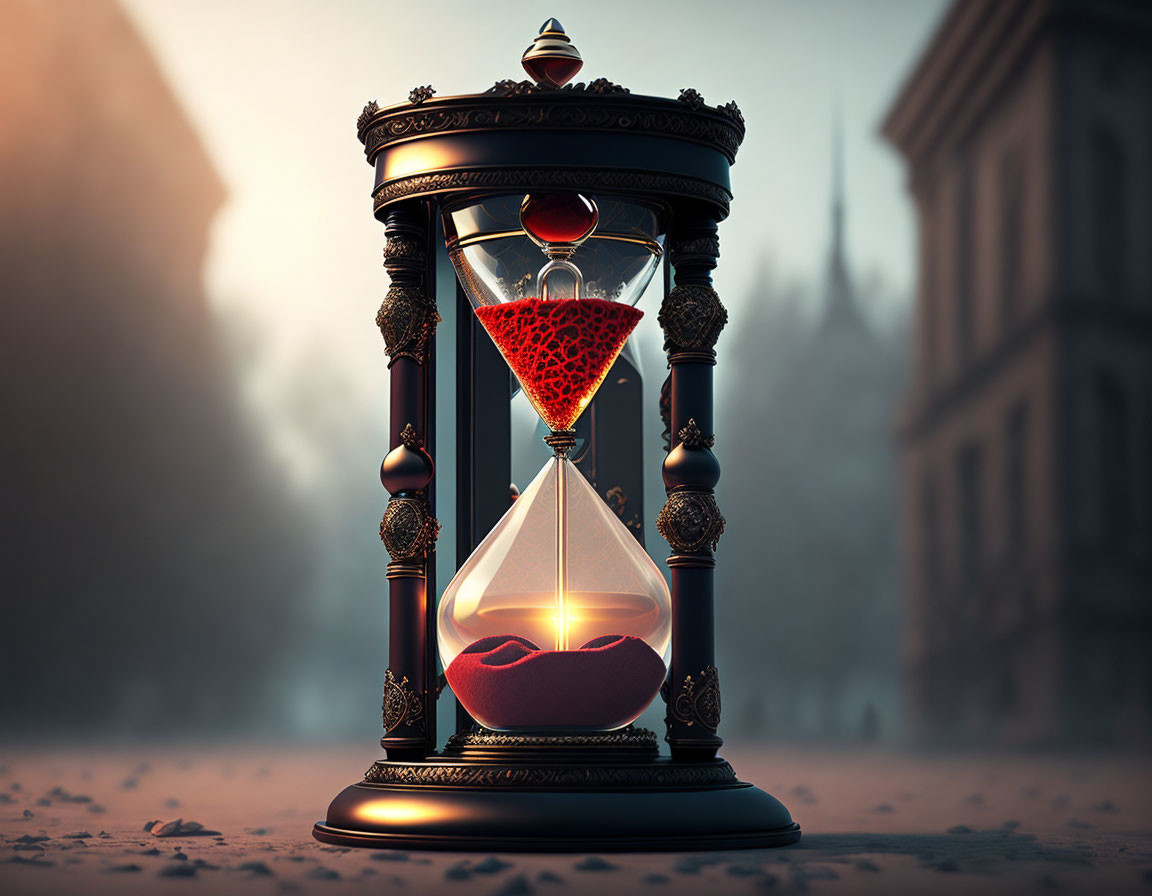 Ornate hourglass with red sand on cobblestone street in foggy setting