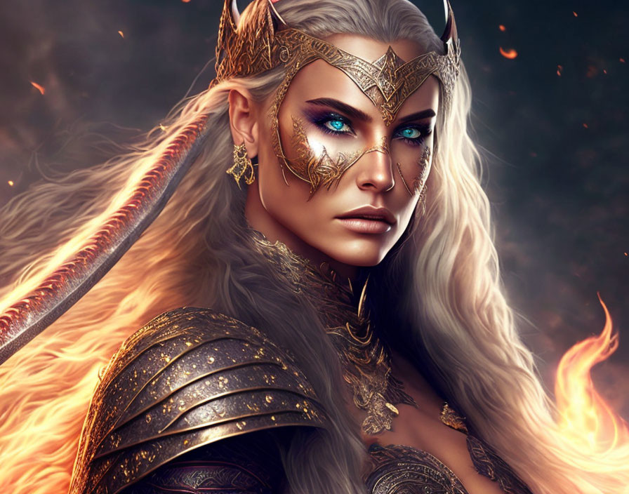 Fantasy warrior woman digital art with blue eyes and golden armor