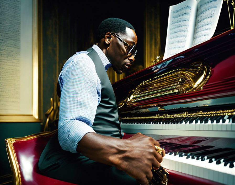 Man in suit playing grand piano in elegant room with sheet music.