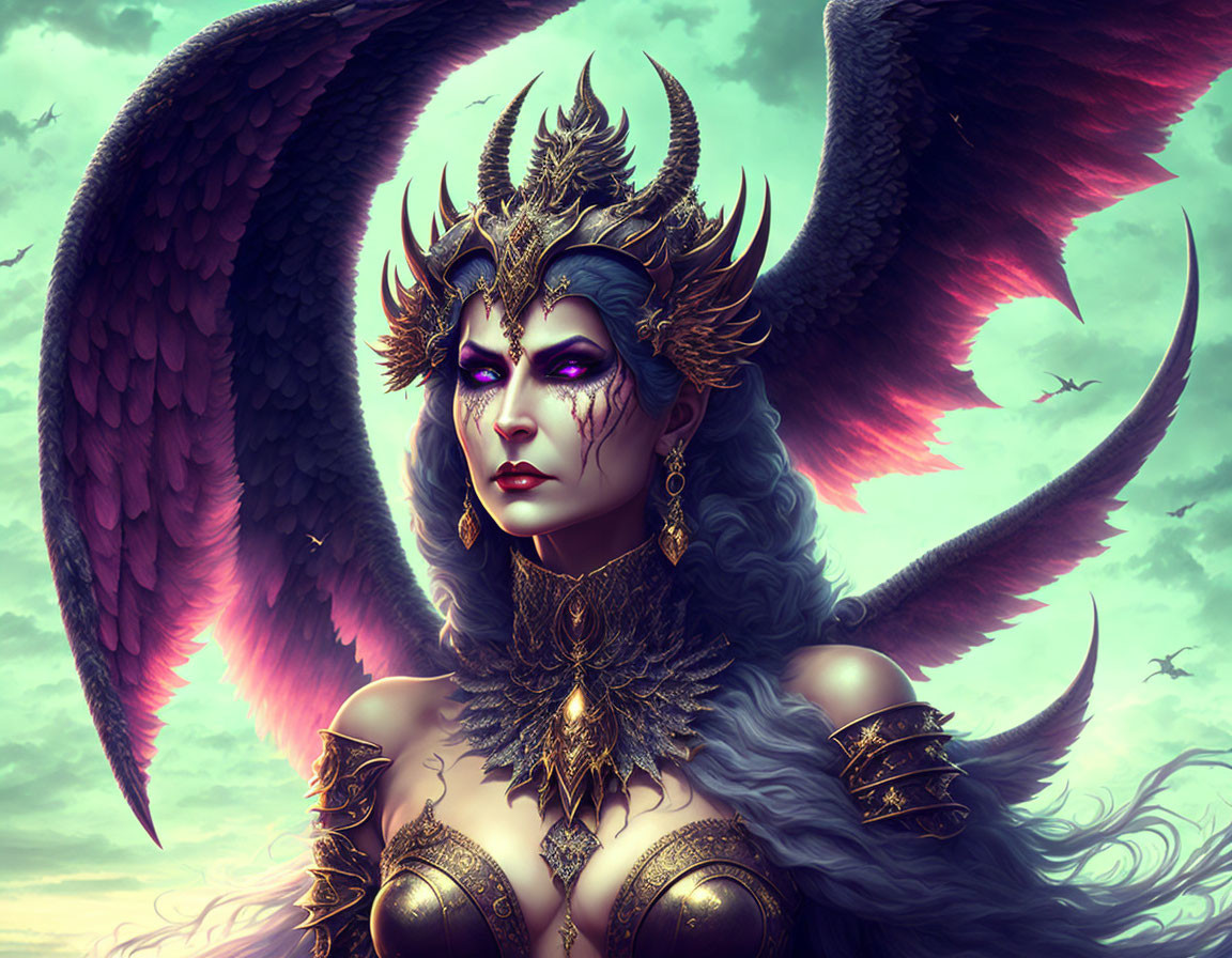 Illustrated female figure with dark angelic wings, horned headpiece, regal armor in sky