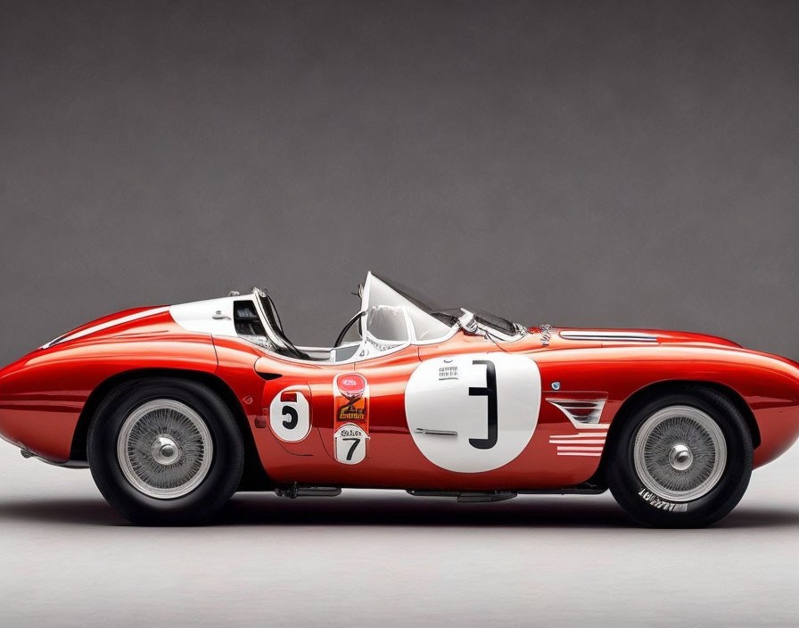 Classic Red and White Racing Car Number 3 on Gray Background