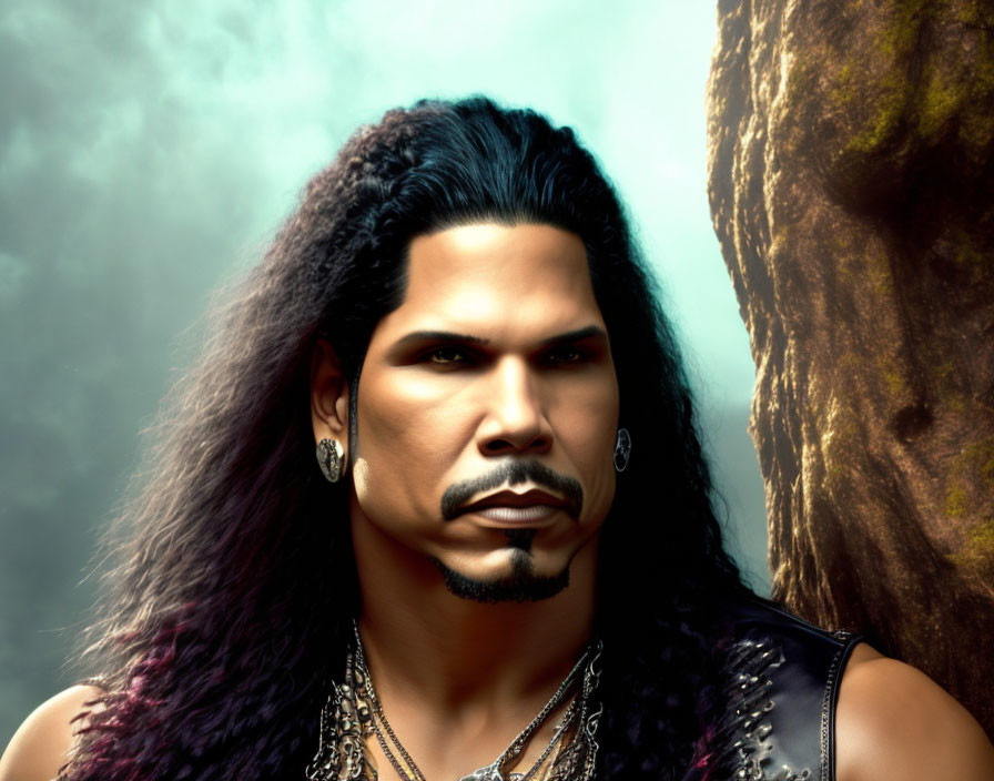 Portrait of a man with long black hair, beard, earrings, and chains on rocky background