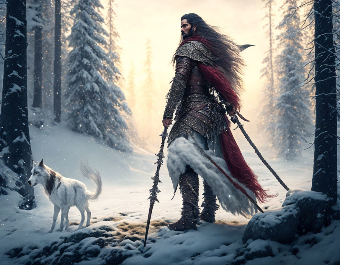 Armored warrior and white wolf in snowy forest scene