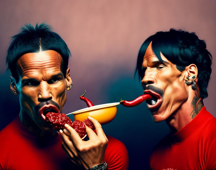 Two people with unique hairstyles and tattoos sharing a chili pepper on gradient background