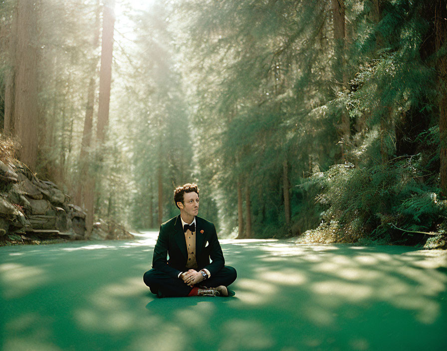 Person in Tuxedo Sitting in Sunlit Forest with Towering Trees