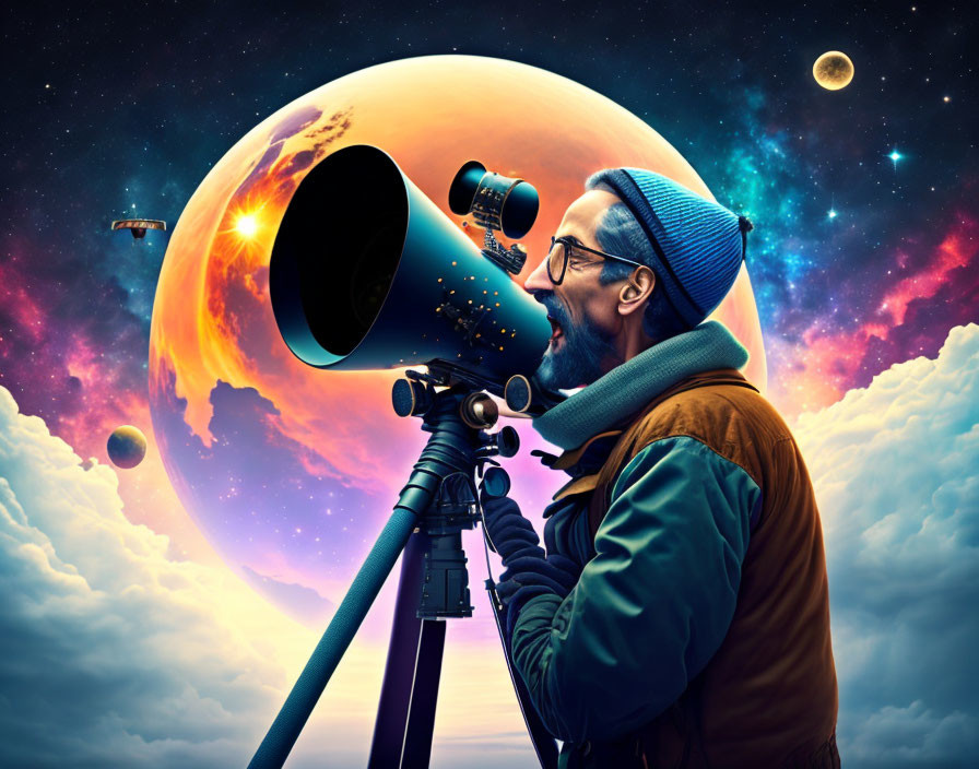 Man in Beanie and Glasses Observing Surreal Cosmic Scene with Planets and Spaceships