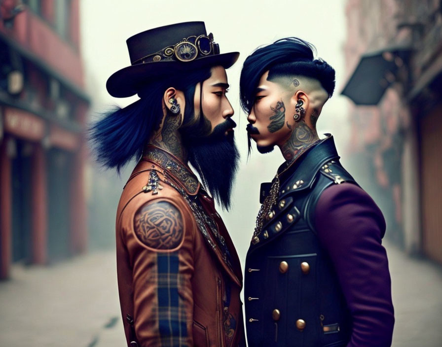 Individuals with elaborate tattoos and piercings in steampunk attire face off.