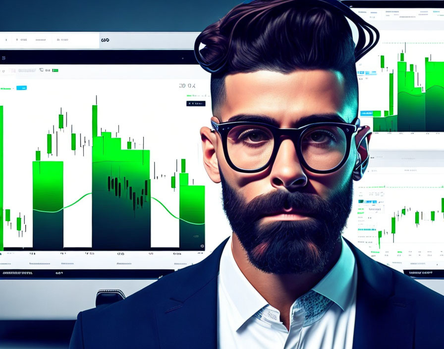 Man with Beard and Glasses Studying Stock Market Charts on Computer Screen