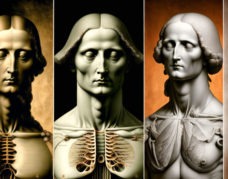 Triptych digital artwork of classical bust with mechanical, normal, and anatomical variations