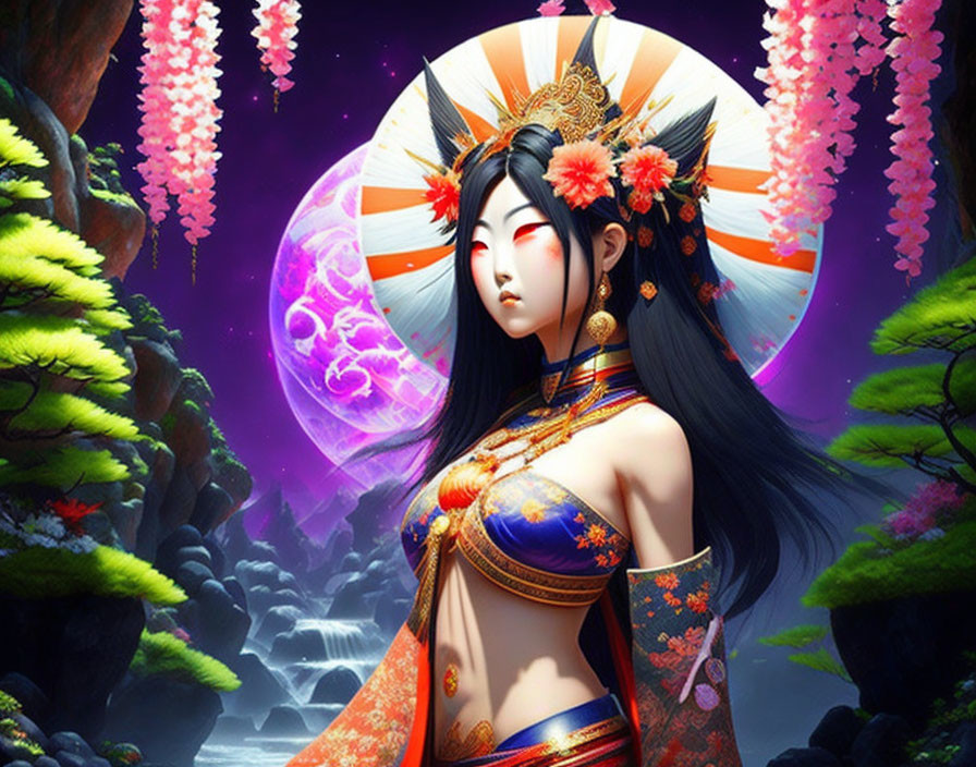 Traditional Asian Attire Female Figure in Fantasy Landscape