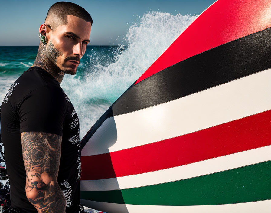 Bearded man with tattoos next to colorful surfboard on beach