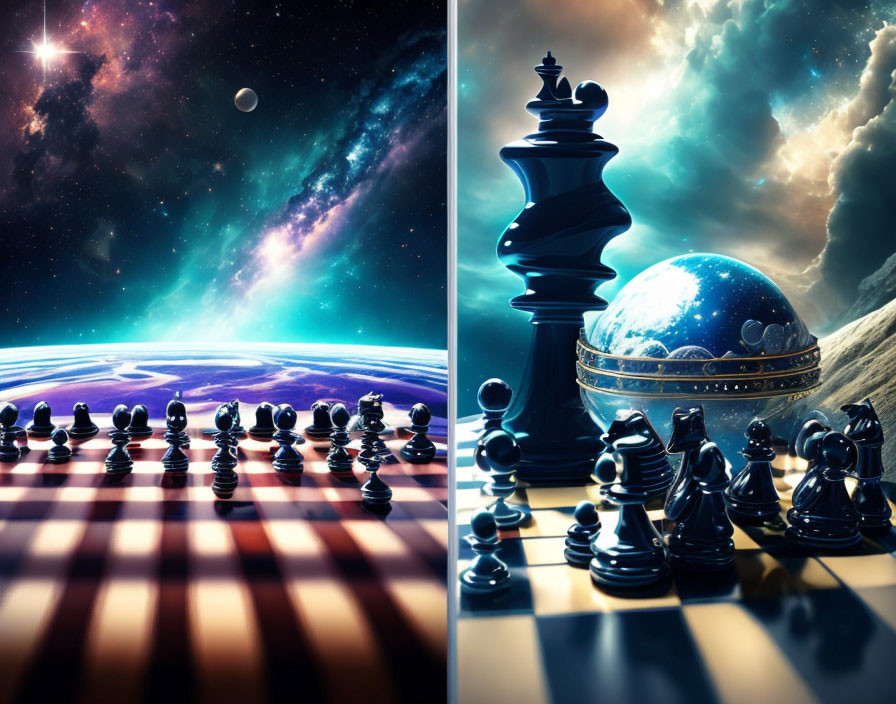 Surreal chessboard with black pieces on cosmic background