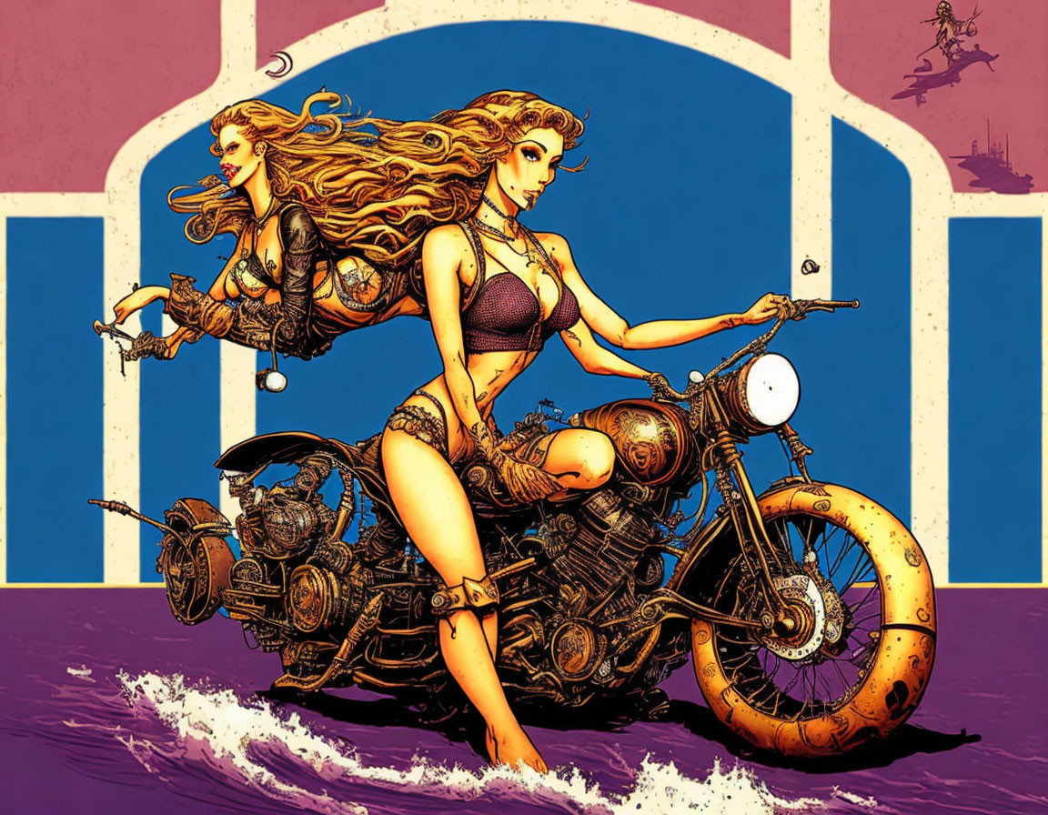 Stylized women in fantasy attire with motorcycle on purple background