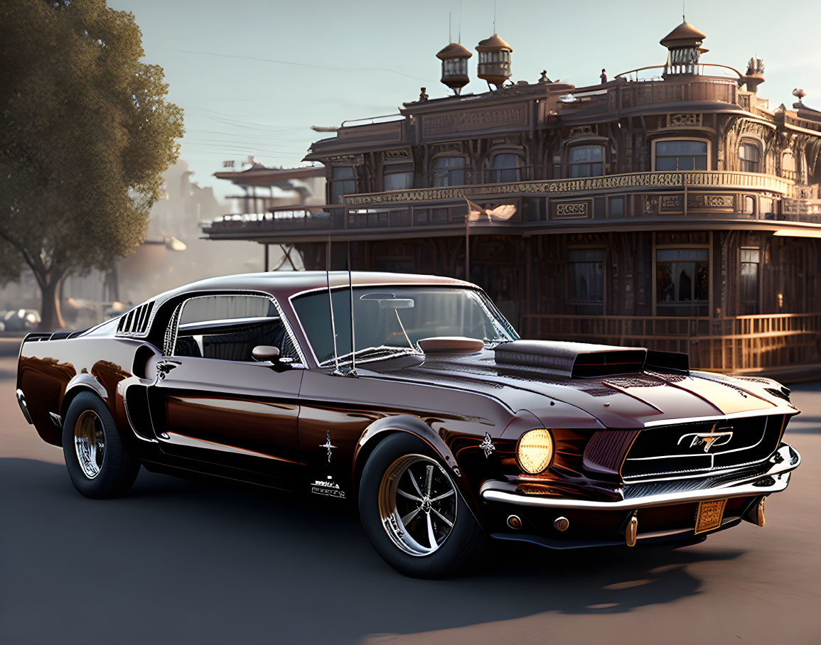 Vintage Black Mustang GT Parked in Front of Ornate Building