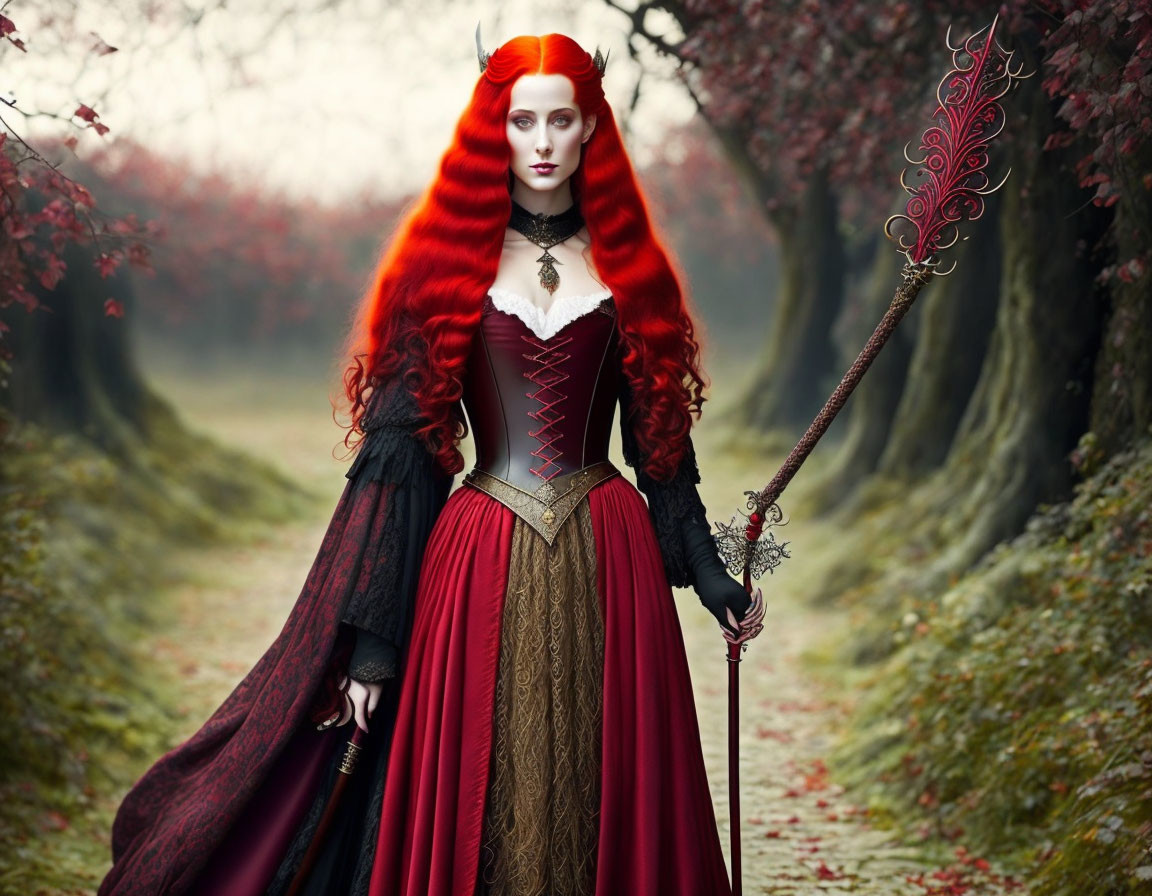 Red-haired woman in medieval fantasy costume with staff in misty autumn forest