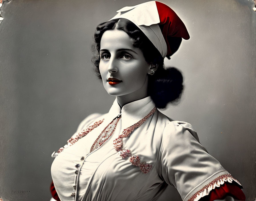 Traditional costume vintage portrait of woman in white blouse, red vest, hat & pearl necklace