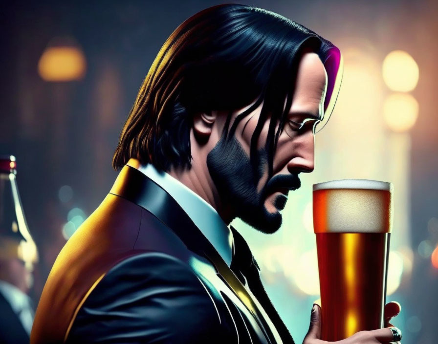 Digital illustration of man in suit with beer glass & lights background