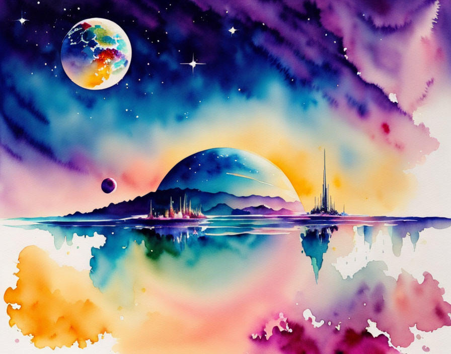 Colorful Watercolor Painting of Cosmic Landscape with Planets, Stars, Mountains, and Nebula Sky