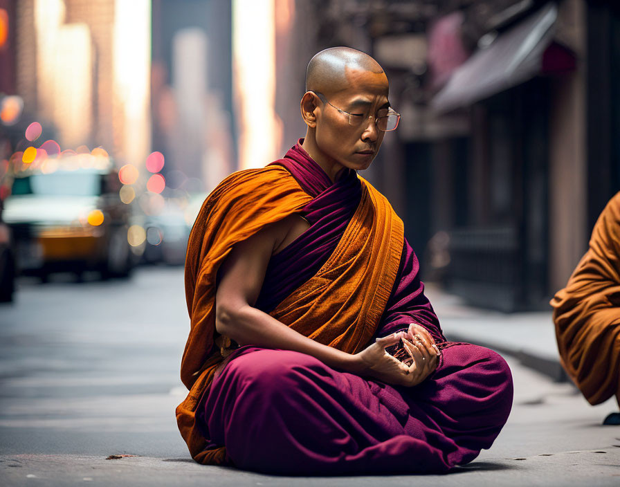 Buddhist monk meditating in orange robes on city street