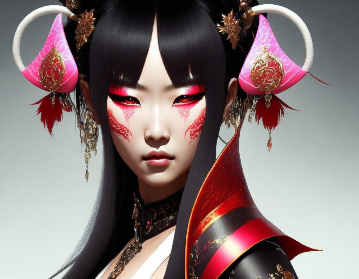 Digital Artwork: Woman with Striking Red Eyes and Elaborate Asian-Inspired Accessories