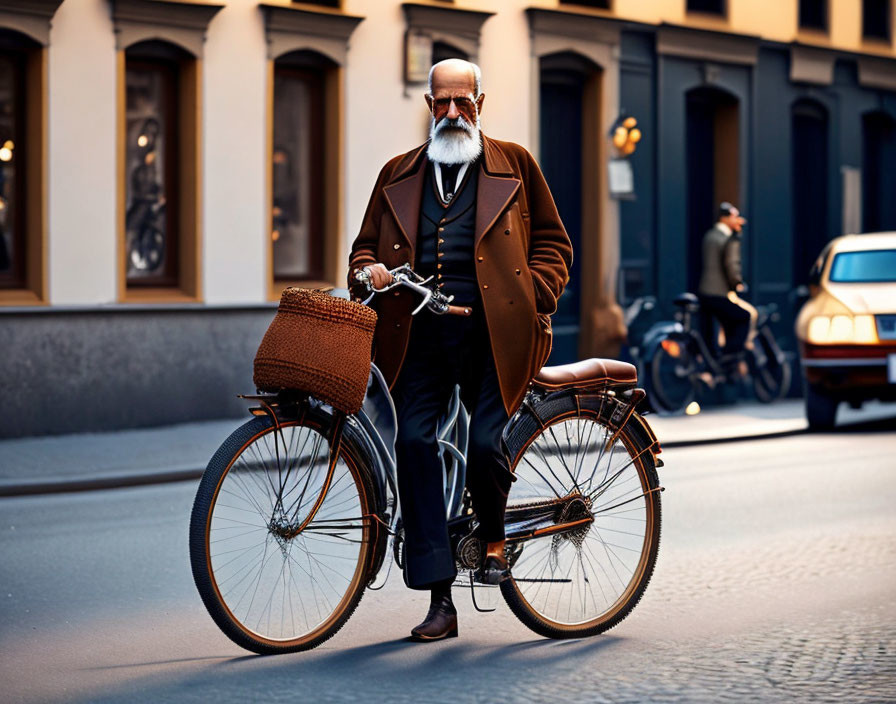 Elderly man with beard and glasses next to classic bicycle on urban street