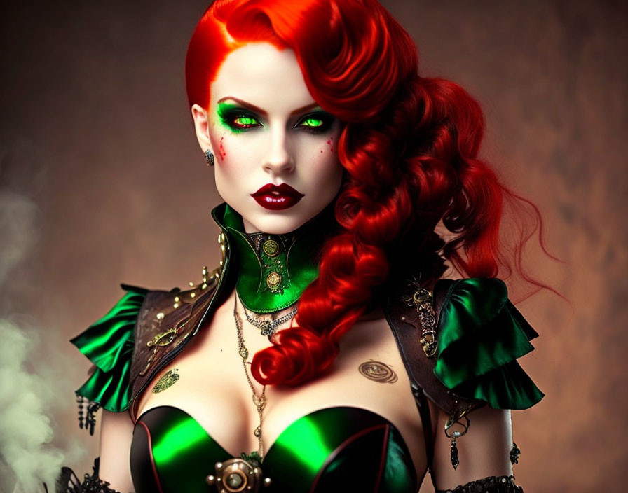 Vibrant red hair and green eyes in gothic attire.