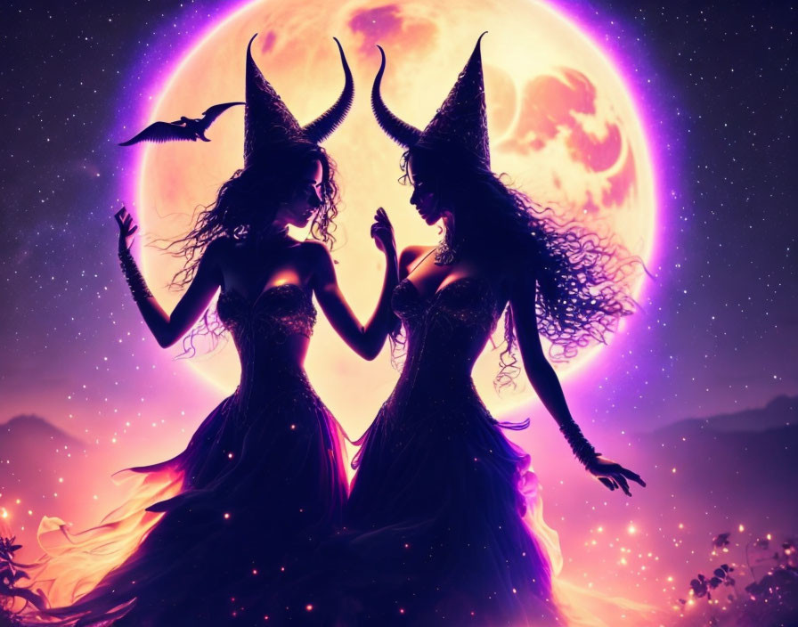 Silhouetted female figures with horns dancing under a purple moon