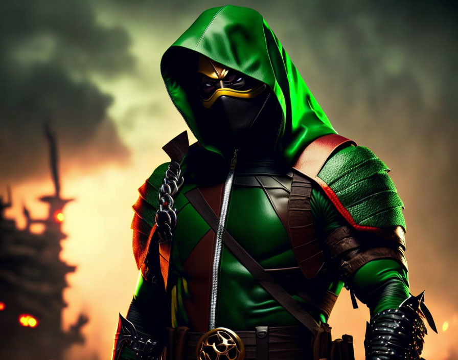 Character in Green Hood and Armor on Fiery Battlefield