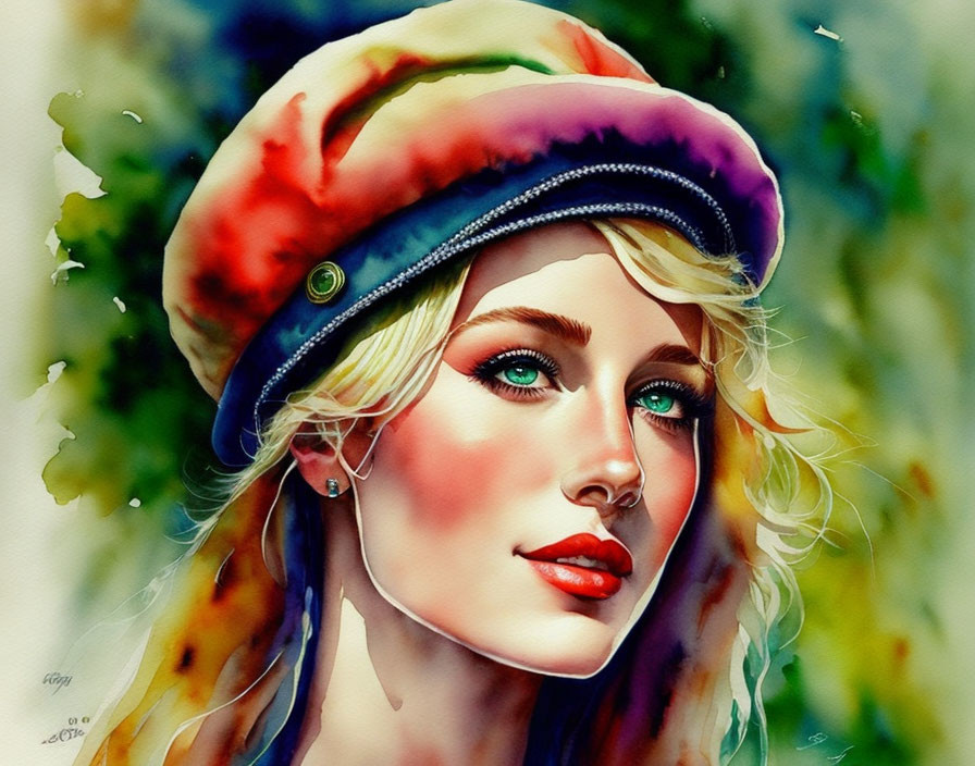 Blonde Woman in Colorful Beret Watercolor Portrait