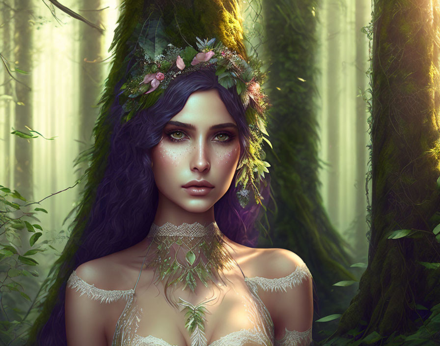 Woman with floral crown in mystical forest with sunlight.