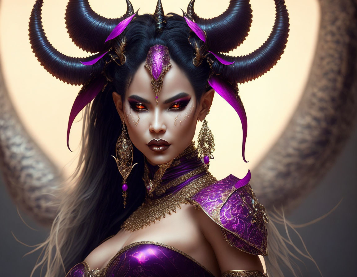 Fantasy character with dramatic ram horns, dark makeup, golden armor, and purple accents.