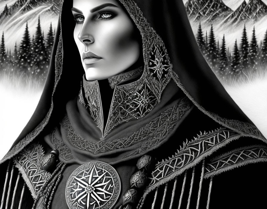 Monochrome artwork of a person in ornate cloak against snowy forest