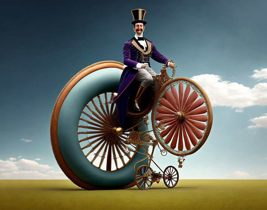 Vintage-clad man on oversized penny-farthing under blue sky