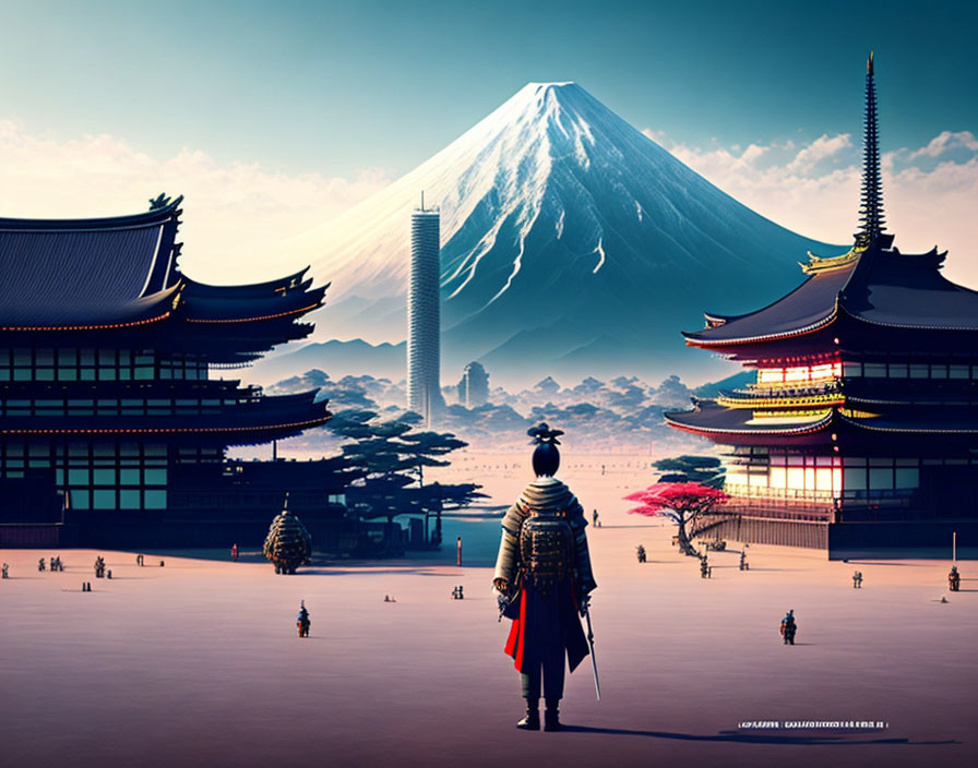 Samurai in courtyard with Mount Fuji and futuristic tower