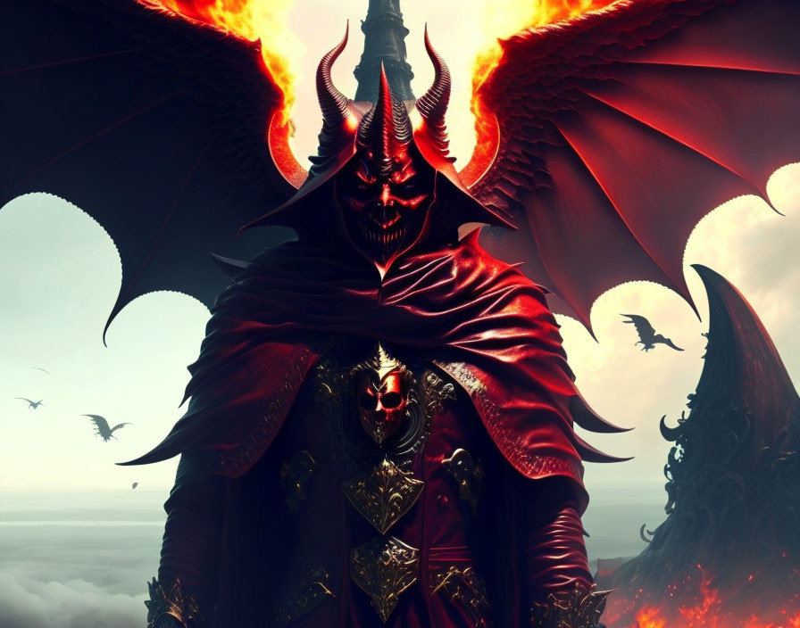 Sinister demonic figure with fiery wings and horned armor under gloomy sky