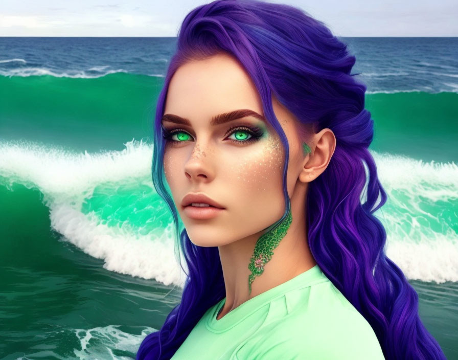 Vibrant purple hair woman in ocean wave backdrop