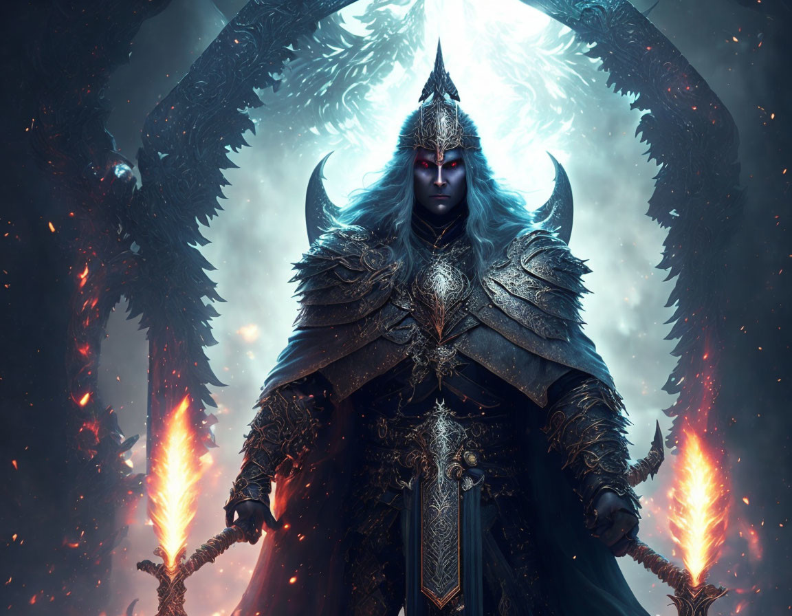 Fantasy armor figure with glowing red eyes and crown in fiery icy backdrop