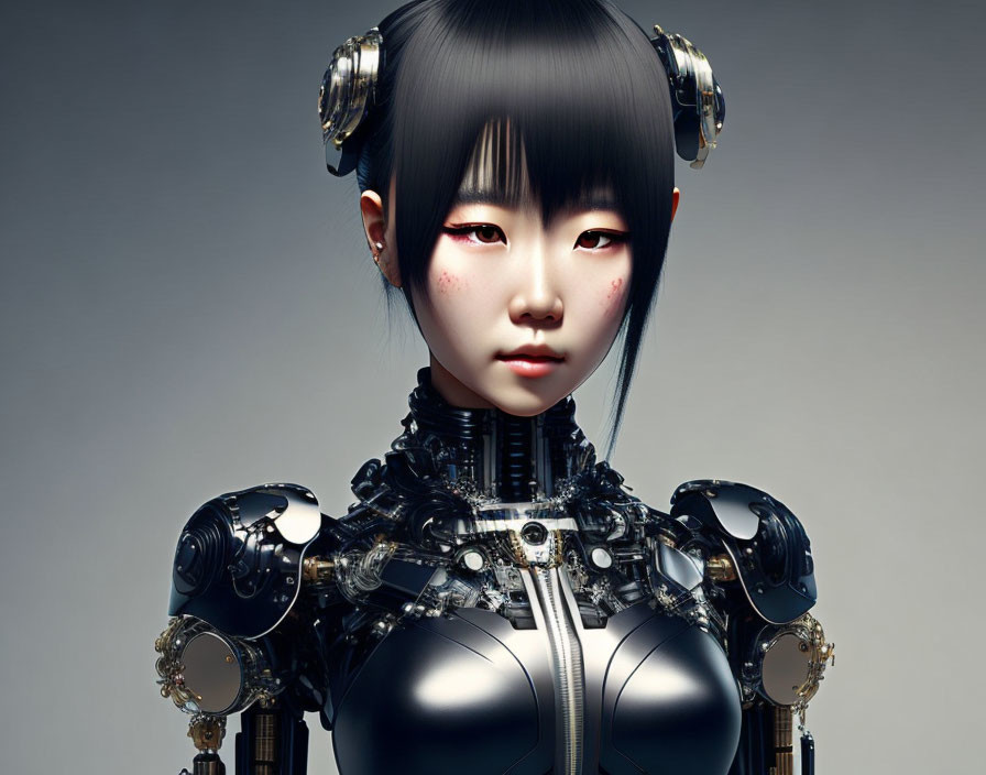 Detailed Female Android with Black Hair and Red Eyes