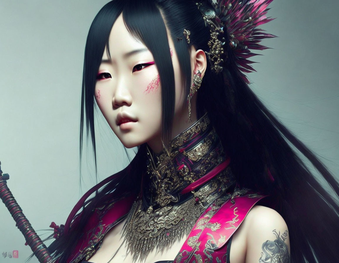 Digital Artwork: Woman with Long Black Hair, Asian Jewelry, and Tattoo